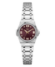 A women's stainless steel wristwatch with a silver-tone metal bracelet, a bezel set with small clear crystals, and a deep burgundy dial with gold-tone Roman numerals and hands.
