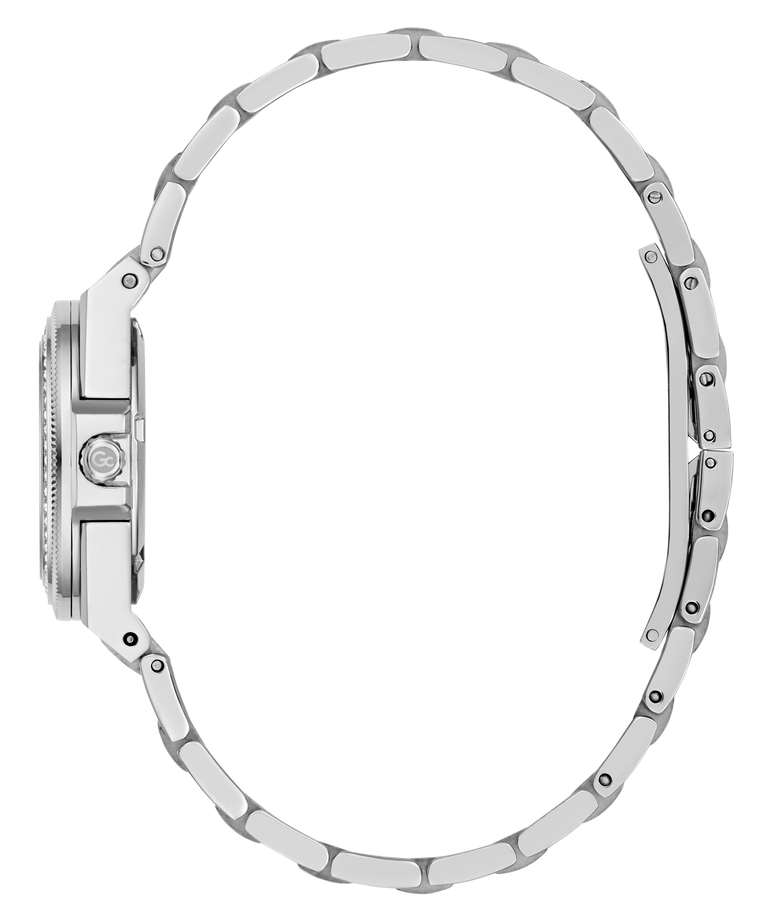 Side profile view of a silver-toned stainless steel watch with a matching metal link bracelet, featuring a prominent crystal crown protector and screw details on the case.