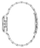 Side profile view of a silver-toned stainless steel watch with a matching metal link bracelet, featuring a prominent crystal crown protector and screw details on the case.