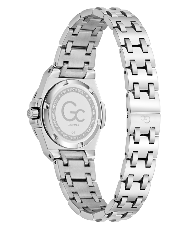 Silver stainless steel women's watch with a multi-link bracelet, shown from the back to display the brushed case back with a 'GC' logo and text.
