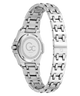 Silver stainless steel women's watch with a multi-link bracelet, shown from the back to display the brushed case back with a 'GC' logo and text.