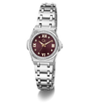 A women's stainless steel watch featuring a round silver-tone case, a bezel set with small clear crystals, a silver-tone link bracelet, and a deep burgundy dial with Roman numerals and gold-tone hands.