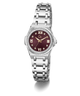 A women's stainless steel watch featuring a round silver-tone case, a bezel set with small clear crystals, a silver-tone link bracelet, and a deep burgundy dial with Roman numerals and gold-tone hands.