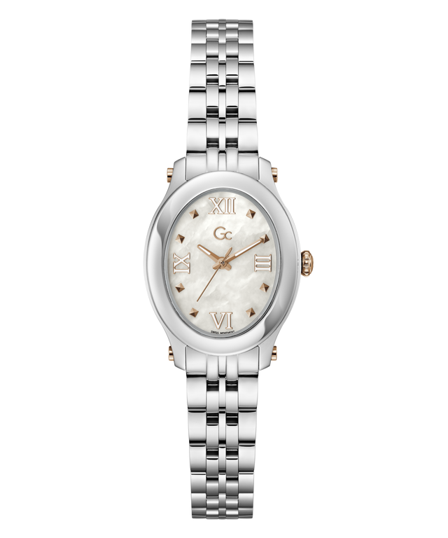 A women's oval watch with a silver stainless steel link bracelet, a white mother-of-pearl dial, and rose gold-tone accents including the brand logo, hands, and markers.