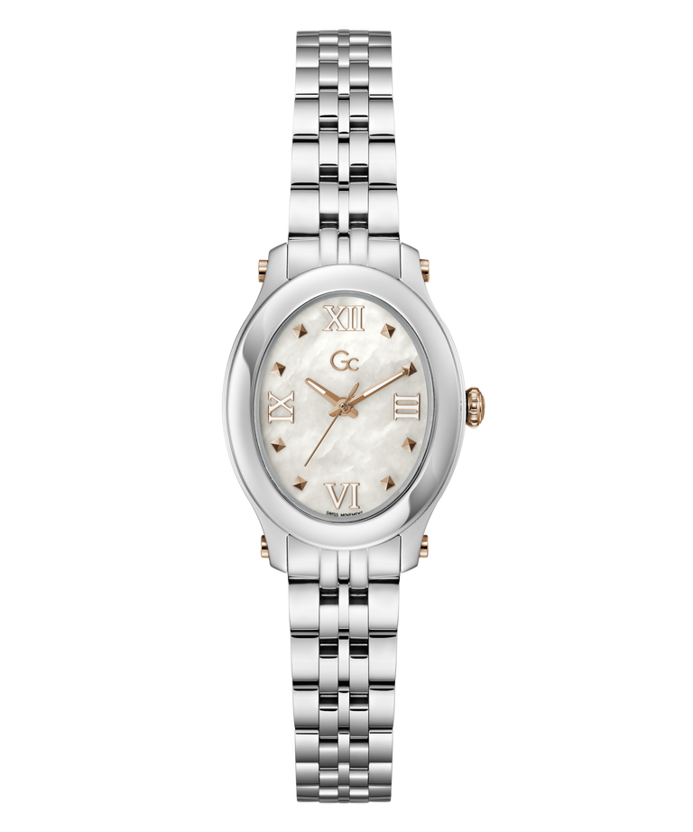 A women's oval watch with a silver stainless steel link bracelet, a white mother-of-pearl dial, and rose gold-tone accents including the brand logo, hands, and markers.