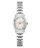 A women's oval watch with a silver stainless steel link bracelet, a white mother-of-pearl dial, and rose gold-tone accents including the brand logo, hands, and markers.