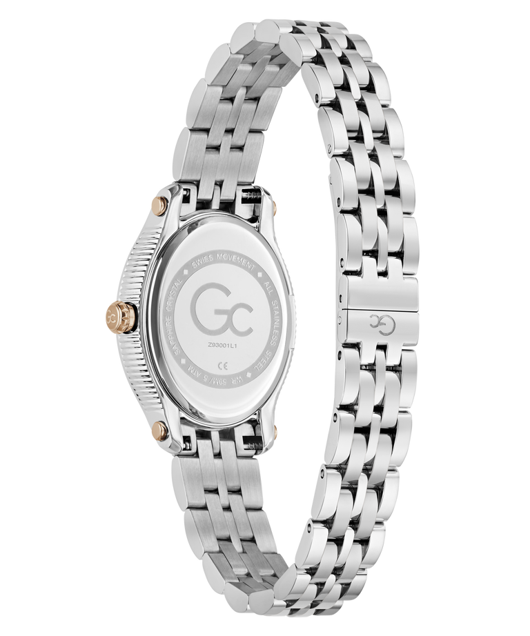 Silver stainless steel women's watch with a matching link bracelet, shown from the back to display the case back and clasp, on a white background.