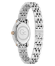 Silver stainless steel women's watch with a matching link bracelet, shown from the back to display the case back and clasp, on a white background.