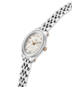A women's oval wristwatch with a silver-tone metal link bracelet, a white mother-of-pearl dial, and rose gold-tone accents including the brand logo and hour markers. lifestyle