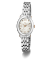 A women's two-tone stainless steel and rose gold watch with a white mother-of-pearl dial, Roman numeral hour markers, and a matching metal link bracelet, shown on a clean white background.