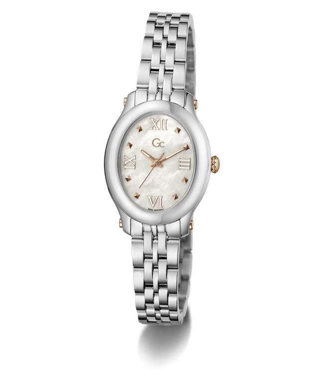 A women's two-tone stainless steel and rose gold watch with a white mother-of-pearl dial, Roman numeral hour markers, and a matching metal link bracelet, shown on a clean white background.