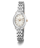 A women's two-tone stainless steel and rose gold watch with a white mother-of-pearl dial, Roman numeral hour markers, and a matching metal link bracelet, shown on a clean white background.