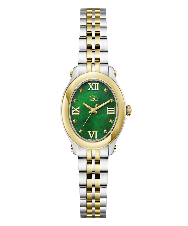 A two-tone watch with a green dial, gold-tone bezel and hands, and a silver-and-gold-tone link bracelet, shown on a plain white background.