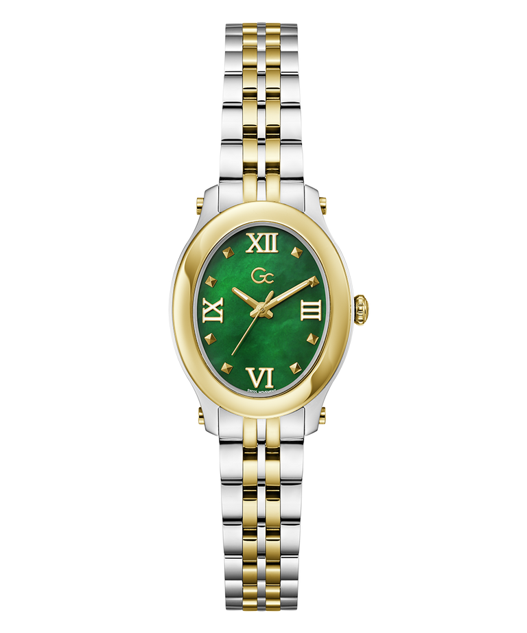 A two-tone watch with a green dial, gold-tone bezel and hands, and a silver-and-gold-tone link bracelet, shown on a plain white background.