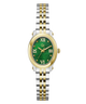 A two-tone watch with a green dial, gold-tone bezel and hands, and a silver-and-gold-tone link bracelet, shown on a plain white background.