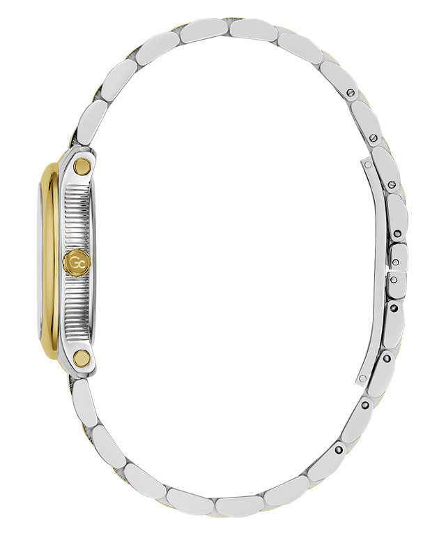 A two-tone wristwatch shown from the side profile, featuring a silver-toned metal link bracelet, a silver case with a ribbed bezel, and gold-toned accents on the case.