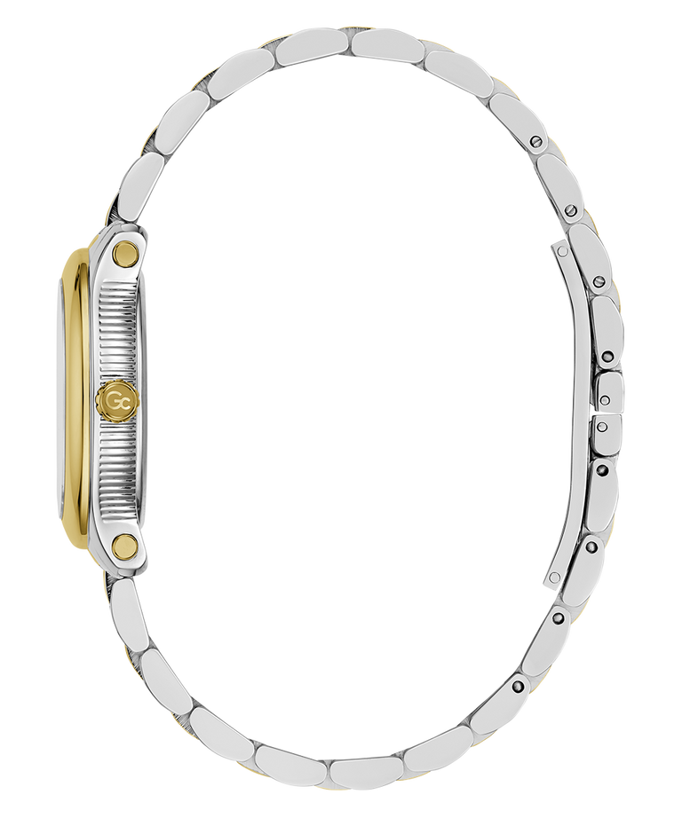 A two-tone wristwatch shown from the side profile, featuring a silver-toned metal link bracelet, a silver case with a ribbed bezel, and gold-toned accents on the case.
