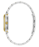 A two-tone wristwatch shown from the side profile, featuring a silver-toned metal link bracelet, a silver case with a ribbed bezel, and gold-toned accents on the case.