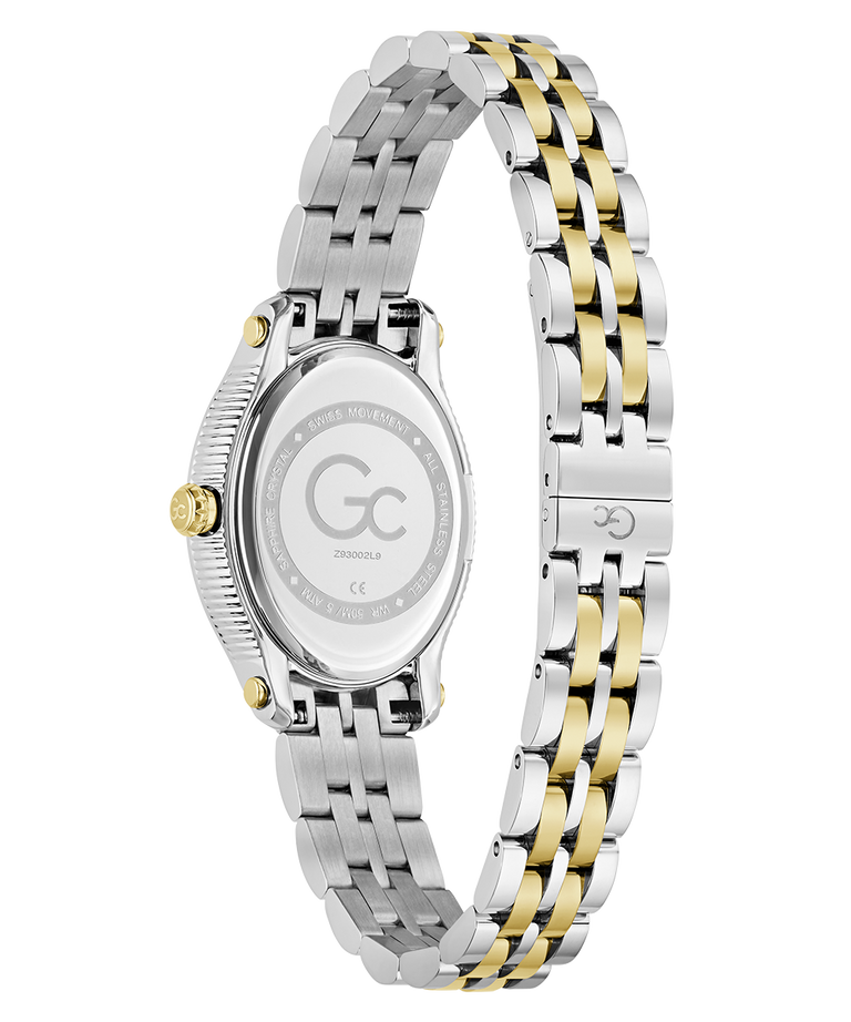 A two-tone stainless steel and gold watch shown from the back, featuring a silver-toned case back with a 'GC' logo and a two-tone link bracelet with silver and gold links on a white background.