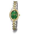 A two-tone watch with a silver and gold metal link bracelet, a gold-tone bezel, and a green dial with Roman numerals.