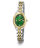 A two-tone watch with a silver and gold metal link bracelet, a gold-tone bezel, and a green dial with Roman numerals.