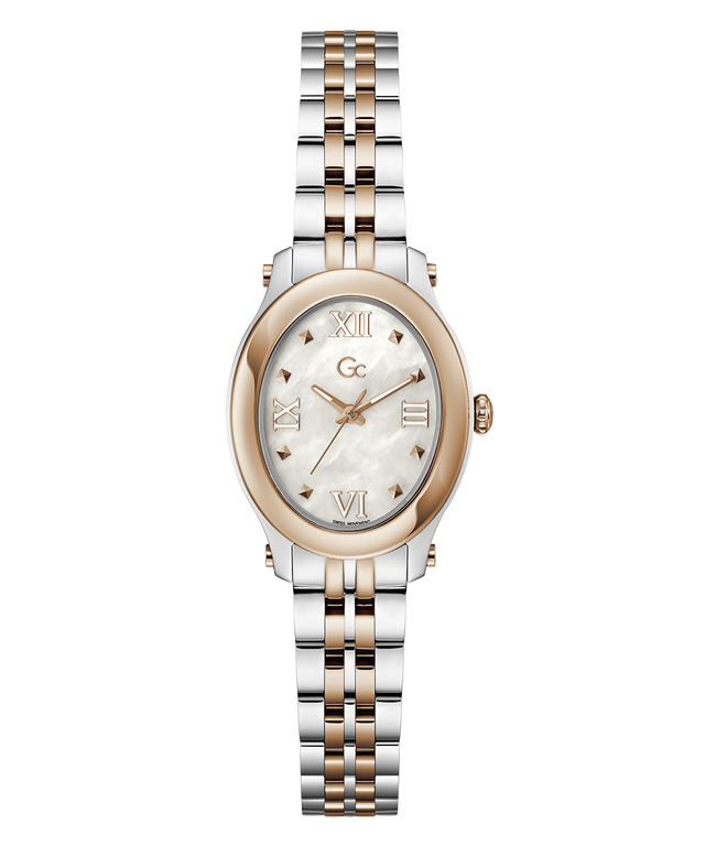 A women's two-tone wristwatch with a silver and rose gold metal link bracelet, a gold-tone bezel, and a white mother-of-pearl dial with Roman numerals.