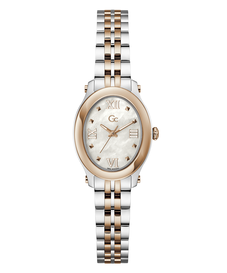 A women's two-tone wristwatch with a silver and rose gold metal link bracelet, a gold-tone bezel, and a white mother-of-pearl dial with Roman numerals.