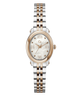 A women's two-tone wristwatch with a silver and rose gold metal link bracelet, a gold-tone bezel, and a white mother-of-pearl dial with Roman numerals.