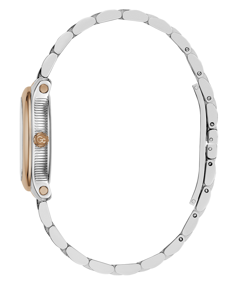 A silver-tone stainless steel watch with a two-tone silver and rose gold case, shown from a side profile view on a solid white background.