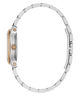 A silver-tone stainless steel watch with a two-tone silver and rose gold case, shown from a side profile view on a solid white background.