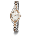 A two-tone women's analog watch with a silver and rose gold metal link bracelet, a rose gold bezel, and a white mother-of-pearl dial with Roman numerals.