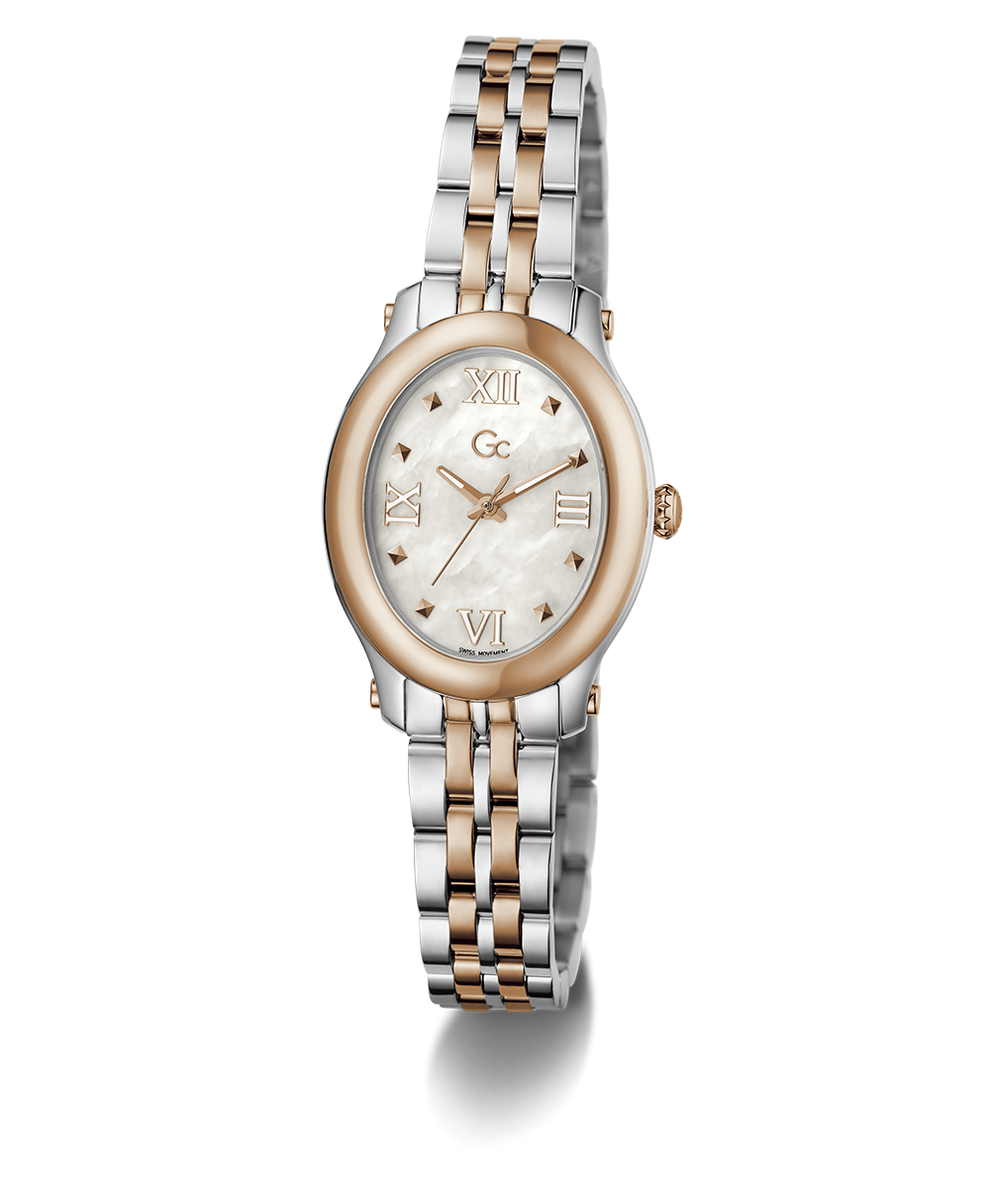 A two-tone women's analog watch with a silver and rose gold metal link bracelet, a rose gold bezel, and a white mother-of-pearl dial with Roman numerals.