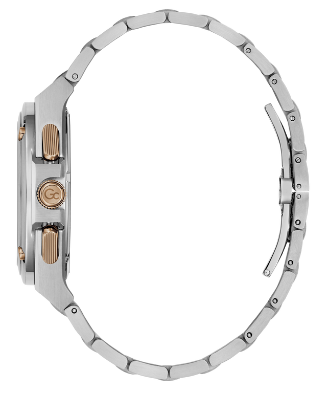 Side profile of a silver-tone stainless steel watch with a matching link bracelet and rose gold-tone crown and pushers, shown on a solid white background.