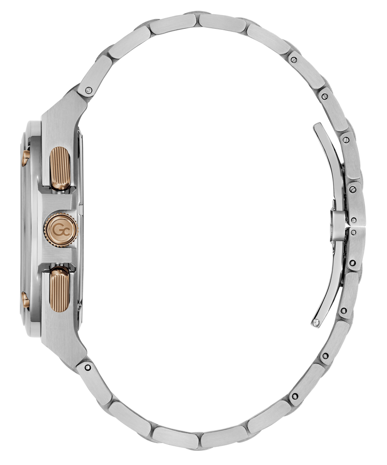 Side profile of a silver-tone stainless steel watch with a matching link bracelet and rose gold-tone crown and pushers, shown on a solid white background.
