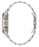 Side profile of a silver-tone stainless steel watch with a matching link bracelet and rose gold-tone crown and pushers, shown on a solid white background.