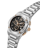 A silver stainless steel chronograph watch with a black dial, rose gold accents, and a matching silver link bracelet, shown on a clean white background. lifestyle