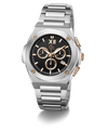 A stainless steel chronograph watch with a black dial, featuring gold-tone accents, Roman numeral XII, and a matching steel link bracelet, shown on a white background with a soft shadow.