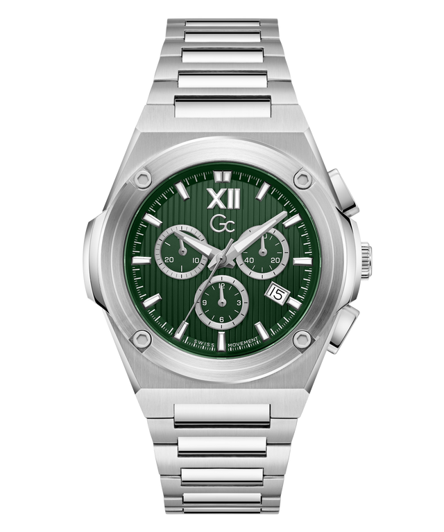 A silver stainless steel chronograph watch with a green dial, featuring three sub-dials, Roman numeral XII on the hour, and a Gc logo at the center, set against a plain white background.