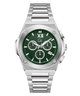 A silver stainless steel chronograph watch with a green dial, featuring three sub-dials, Roman numeral XII on the hour, and a Gc logo at the center, set against a plain white background.