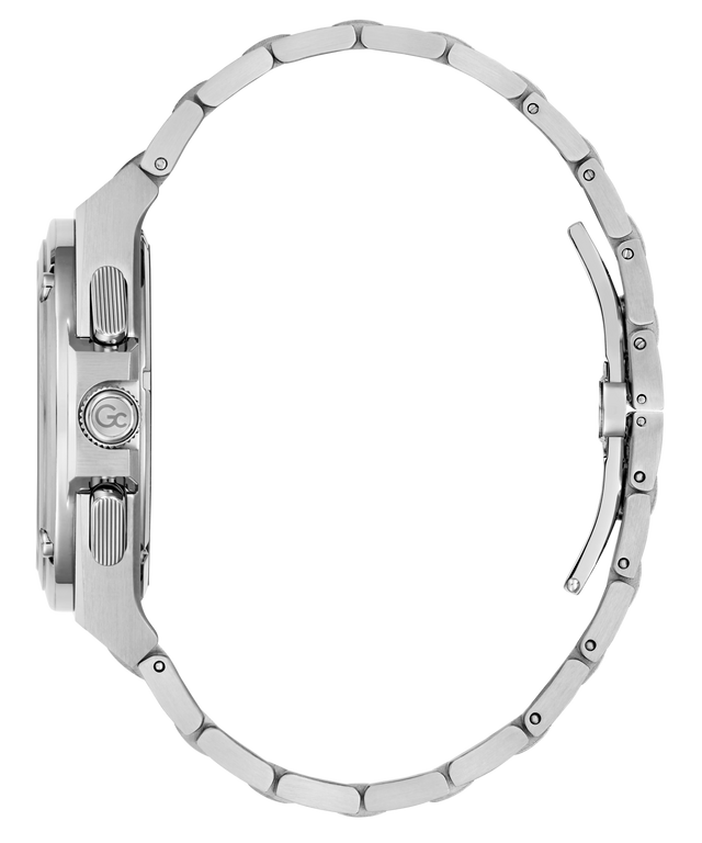 A silver stainless steel watch with a matching metal link bracelet, shown from a side profile view against a solid white background.