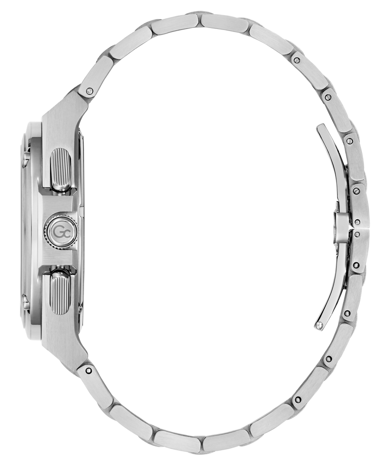 A silver stainless steel watch with a matching metal link bracelet, shown from a side profile view against a solid white background.