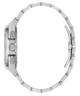A silver stainless steel watch with a matching metal link bracelet, shown from a side profile view against a solid white background.