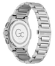The back view of a G-Crown men's watch featuring a brushed stainless steel case and integrated link bracelet, with a gold-tone crown and pushers.