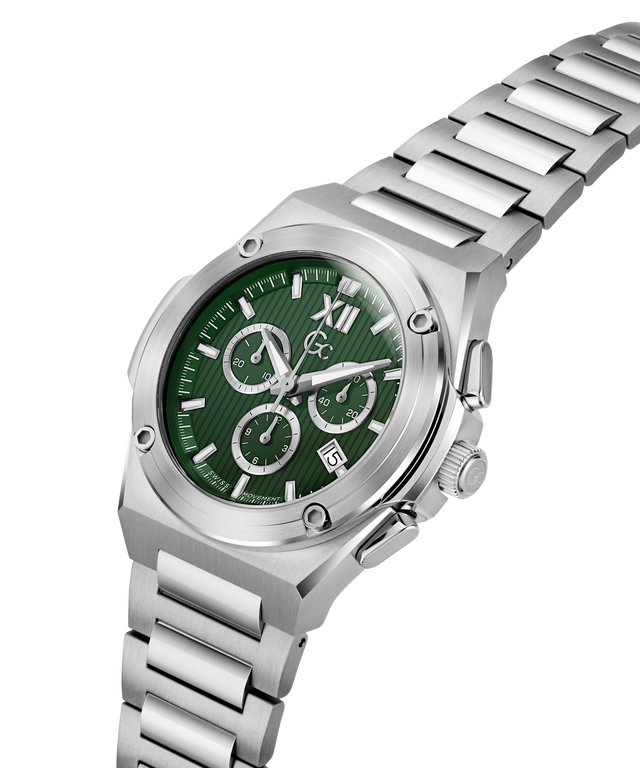 A silver stainless steel chronograph watch with a textured green dial, featuring silver-tone metal links and a date window. lifestyle