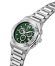 A silver stainless steel chronograph watch with a textured green dial, featuring silver-tone metal links and a date window. lifestyle