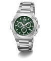 A stainless steel chronograph watch with a green dial, featuring silver-tone metal case and link bracelet, set against a plain white background.