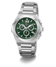 A stainless steel chronograph watch with a green dial, featuring silver-tone metal case and link bracelet, set against a plain white background.