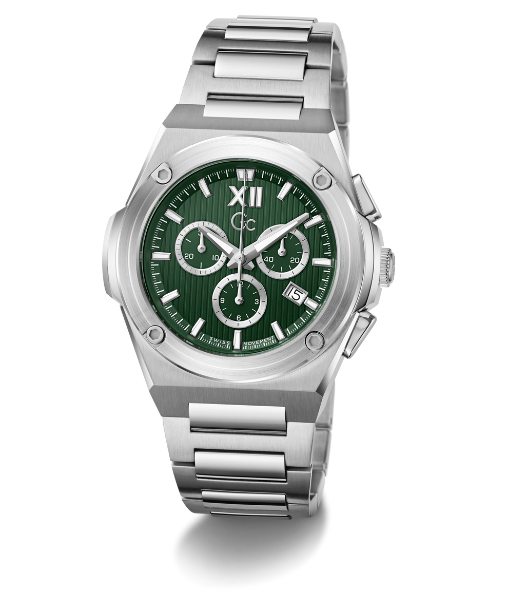 A stainless steel chronograph watch with a green dial, featuring silver-tone metal case and link bracelet, set against a plain white background.