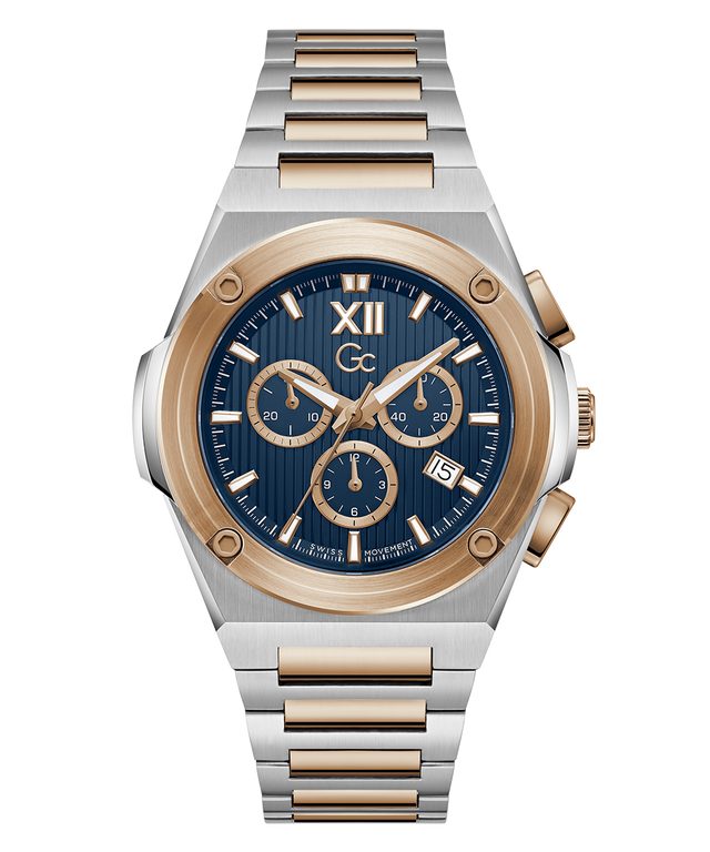 A two-tone stainless steel and rose gold chronograph watch with a blue dial, featuring Roman numeral XII on the face and a matching two-tone link bracelet.