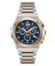 A two-tone stainless steel and rose gold chronograph watch with a blue dial, featuring Roman numeral XII on the face and a matching two-tone link bracelet.
